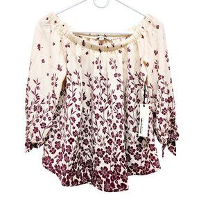 Haute Monde Floral Off Shoulder Blouse SZ S Beige/Burgundy 3/4 Sleeve Womens Top